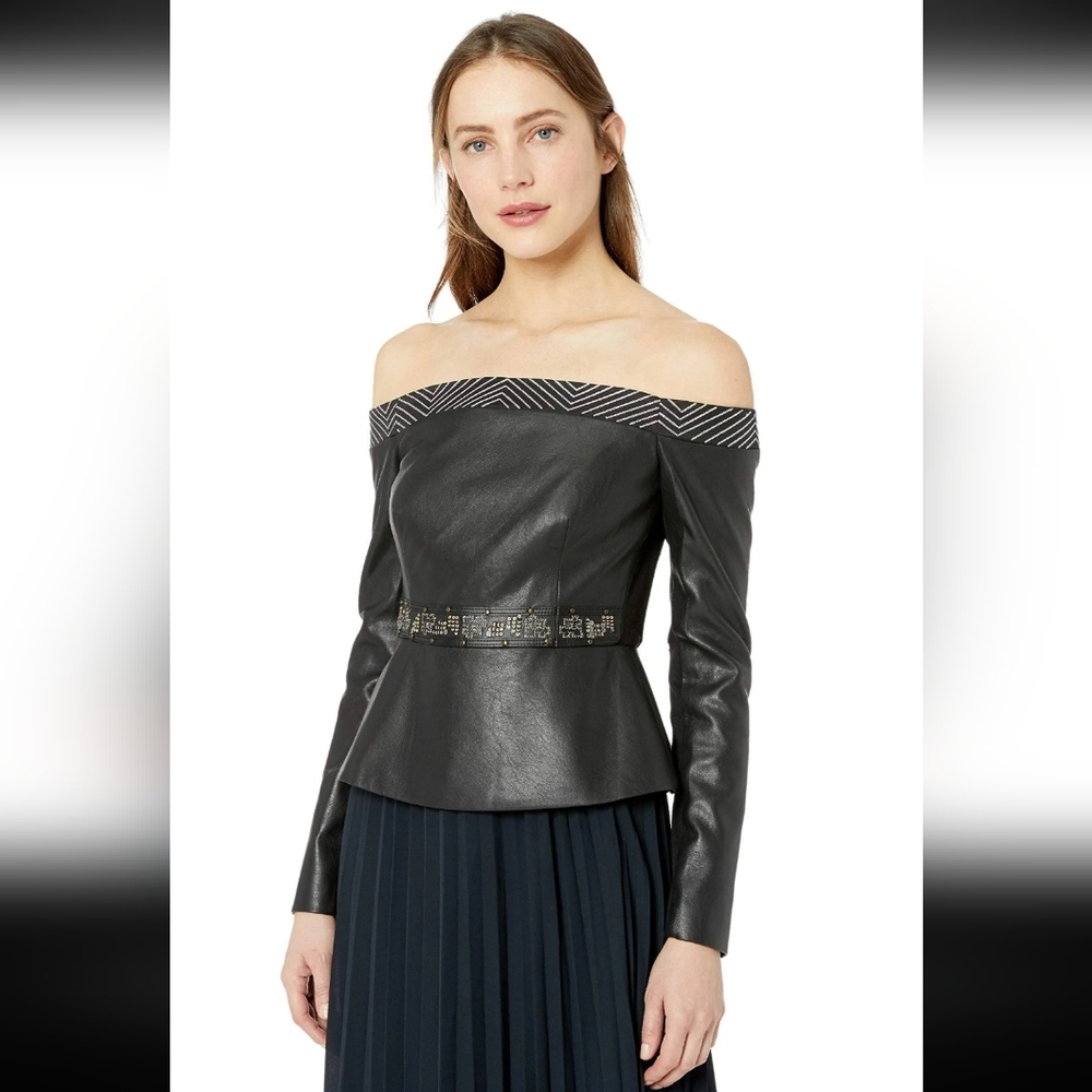 BCBGMaxAzria Faux Black Leather Off Shoulder Peplum Top w Silver Embellish Large